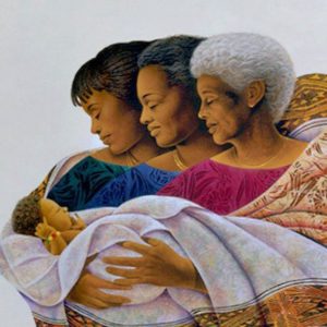 Tres mujeres de diferentes generaciones sosteniendo un bebé