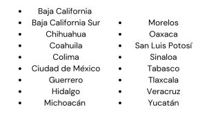 Aborto en México. Causal "inseminación artificial no consentida" Listado de entidades: Baja California, Baja California Sur, Chihuahua, Coahuila, Colima, Ciudad de México, Guerrero, Hidalgo, Michoacán, Morelos, Oaxaca, San Luis Potosí, Sinaloa, Tabasco, Tlaxcala, Veracruz, Yucatán.