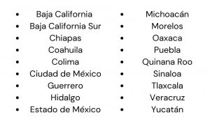 Aborto en México. Causal "Alteraciones congéntitas graves". Listado de entidades donde aplica: Baja California, BCS, Chiapas, Coahuila, Colima, Ciudad de México, Guerrero, Hidalgo, Estado de México, Michoacán, Morelos, Oaxaca, Puebla, Quintana Roo, Sinaloa, Tlaxcala, Veracruz, Yucatán