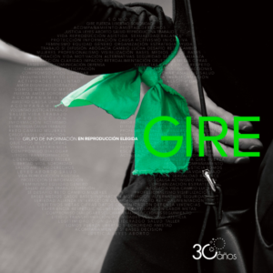 Portada del libro "30 años GIRE". Está ilustrado con una fotografía donde observa una mujer de espaldas. La toma abarca solo su mano recargada en su cintura, en la mano tiene un pañuelo verde.