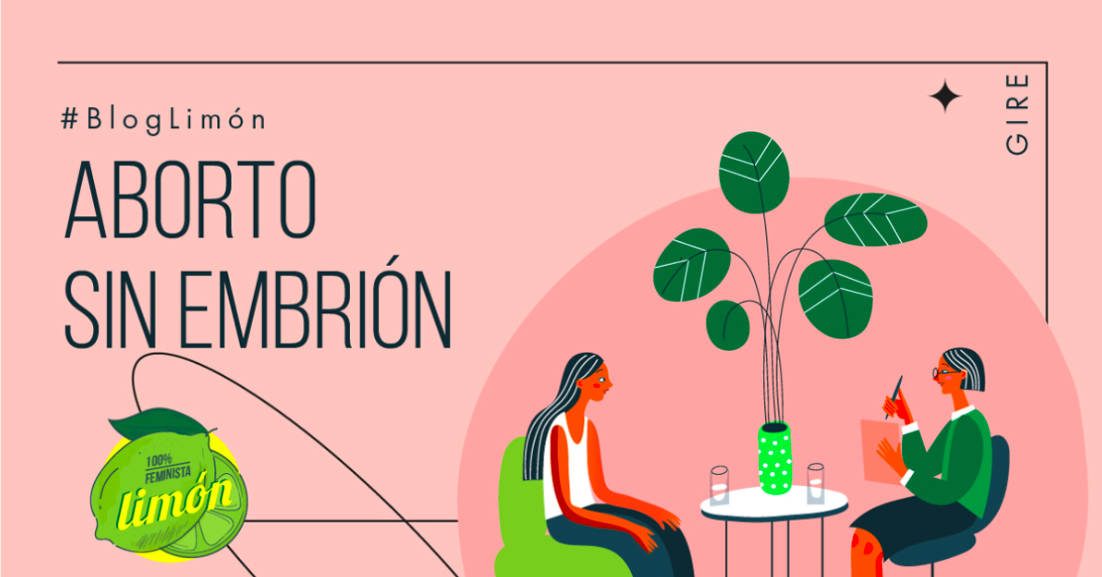 Descripción de la imagen: Banner del blog “Aborto sin embrión”. Contiene la ilustración de dos mujeres que están sentadas una frente a otra, en una sesión de terapia psicológica.