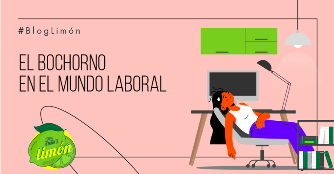 Banner del blog “El bochorno en el mundo laboral”. Contiene la ilustración de una mujer sentada frente a un escritorio dentro de una oficina. Ella está abochornada.