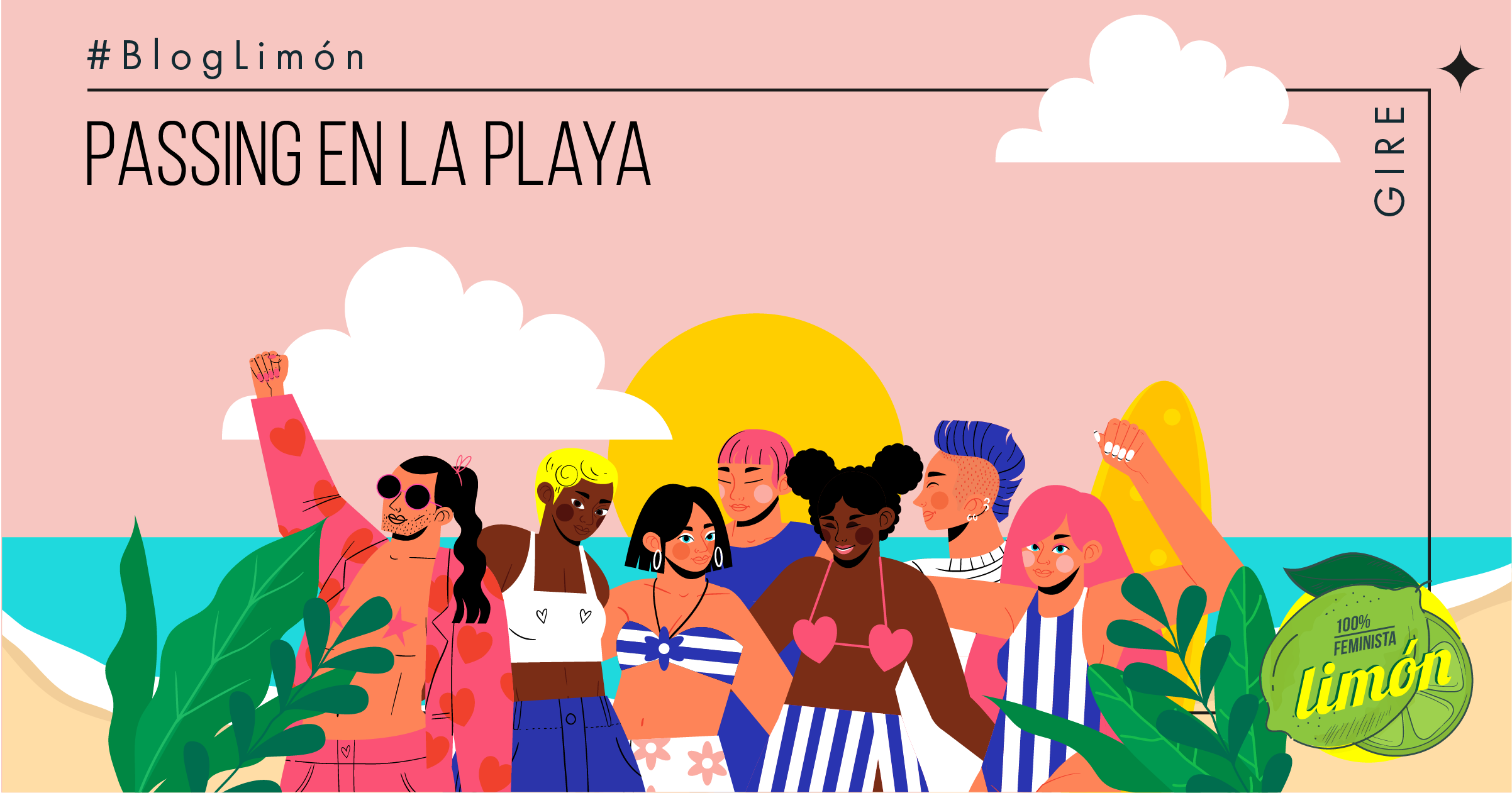 Banner del blog “Passing en la playa”. Contiene la ilustración de varias personas vestidas con trajes de baño. Todas ellas están en una playa.